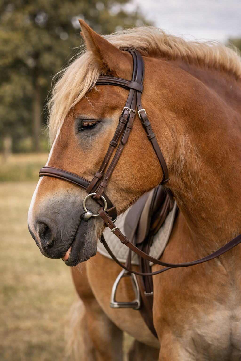 Paard met hoogwaardige ruitersportuitrusting in landelijke omgeving