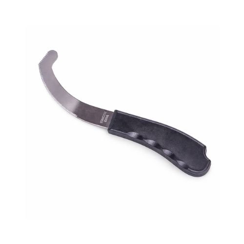 Hoefmes met gebogen RVS snijblad en zwart ergonomisch handvat voor hoefverzorging van paarden