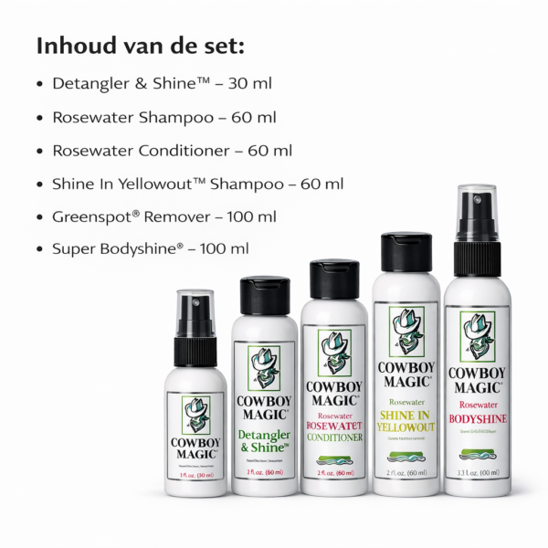 Cowboy Magic mini verzorgingsset voor paarden met shampoo, conditioner, detangler en bodyspray in groene bewaardoos