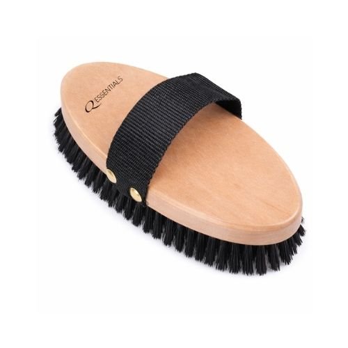 Houten paardenborstel met zwarte haren en zwarte band van QHP Essentials